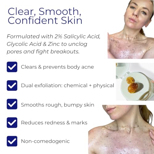 Skin Hydroxy BHA Body Scrub - for Body Acne, Back, Chest & Butt Breakouts, Oily Skin, Clogged Pores - 2% Salicylic Acid, Glycolic Acid & Zinc - Body Exfoliator - Vegan, 250ml - Image 5