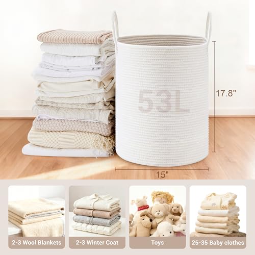 Image of 53L Tall Cotton Rope Laundry Basket with Handles, White