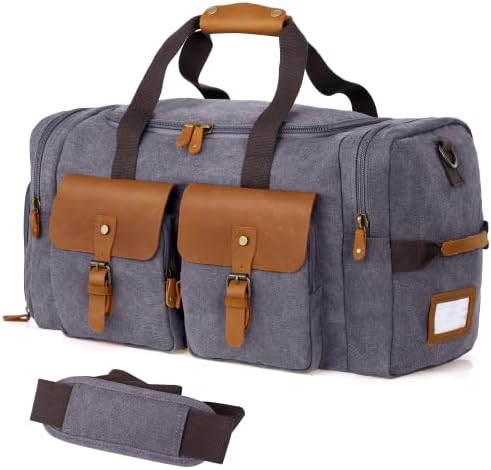 WOWBOX Duffle Bag for Men Women Canvas Genuine Leather Large Duffel Bag Overnight Weekender Bag with Waterproof Shoe Compartment+Shoulder Strap with Pad, Gym Bag Travel Luggage Bag with Tag(Grey)