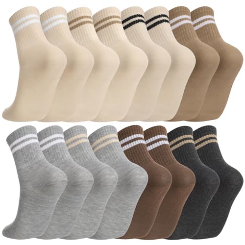 Image of Jspupifip 8 Pair Striped Athletic Crew Socks Running Socks for Men Women | Moisture-Wicking, Soft Stretchy Casual Mid Calf Socks Size 5-8, Breathable Casual Gym Socks