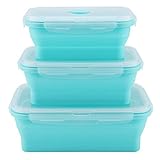 Hyuduo Set mit Aufbewahrungsbehältern für Lebensmittel, Zusammenklappbare Silikon-Gefrierbox, 3-teiliges Set, 350/500 / 800-ml-Brotdose(Minzgrün) Lunchbox/Bento-Box