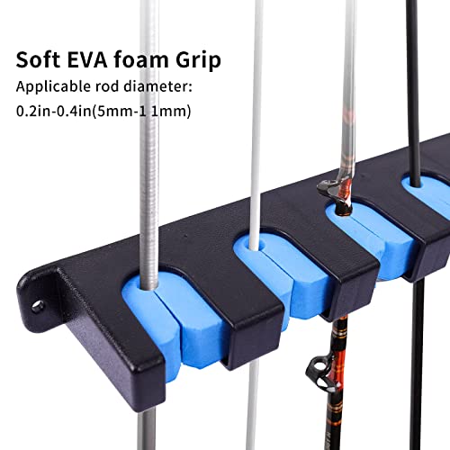 Hifisher Upgraded Fishing Rod Holder, Wall Mounted Fishing Rod Rack, Fishing Pole Holders For Garage,6-Rod Fishing Pole Rack ，1 Pair (Horizontal), Blue, 13.8*5.3*1.3In #TOP3
