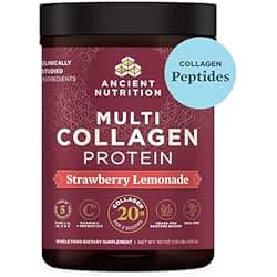 Ancient Nutrition Hydrolyzed Collagen Peptides Powder with Probiotics, Strawberry Lemonade Multi Collagen Protein for Women and Men with Vitamin C, 45 Servings, Supports Skin and Nails, Gut Health, 18