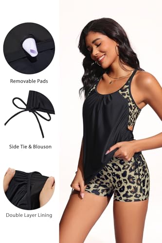 Holipick Leopard and Black Tankini Swimsuits for Women Two Piece Tummy Control Bathing Suits Blouson Tankini Top with Sporty Boy Shorts M