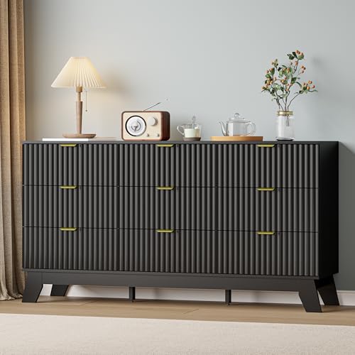 Image of Black Dresser 9 Drawer Dresser for Bedroom, 57''Wide Fluted Wooden Dresser Storage Cabinet and Chest of Drawers with Metal Handle, Storage Organizer for Living Room, Hallway, Entryway