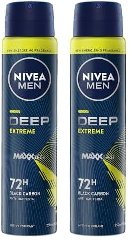 NIVEA MEN DEEP Extreme Anti-Perspirant Deoderant Aerosol, 72HR protection (250ml) (Pack of 2)