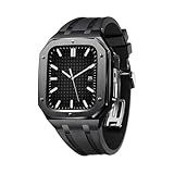 [BELTIES] アップルウォッチバンド 44mm 45mm カバー ベルト SE SE2 SE3 Series 4 5 6 7 8 9 シリコン ステンレス 工具不要 バタフライバックル メタルフレーム アップル ベルティーズ (ブラックバンド×ブラック, 44mm/45mm)