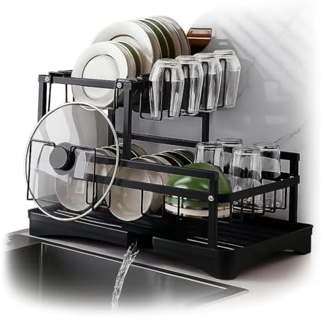Escorredor de Louça em Aço Carbono Preto com Bandeja de Drenagem,...