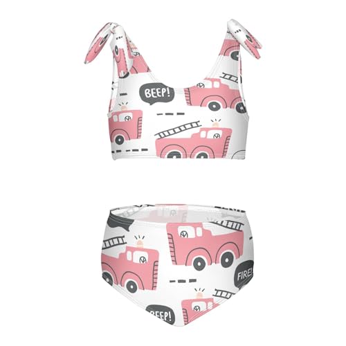 QUGRL Pink Fire Trucks Girls Tankini Swimsuit Childish 2 Piece Bathing Suits for Girls Bikini Adjustable Straps for Swimming Size 5-6T