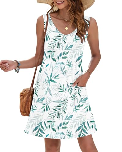 MOLERANI Damen Sommerkleid Ärmellos V-Ausschnitt Strandkleid Knielang Freizeitkleider Casual Midikleid mit Taschen Weißgrün Blatt M 3