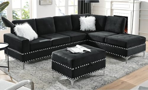 Olodumare Living Room Furniture Sets, L-Shape Sectional 5-Seater Sofa with Extra Wide Reversible Chaise, Storage Ottoman and Cup Holders and Copper Nails, 2 Pillows, Black