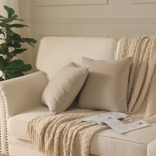 Image of Set of 2 Decorative Velvet Throw Pillow Covers for Couch and Bed - 14 inchx14 inch, Oatmeal