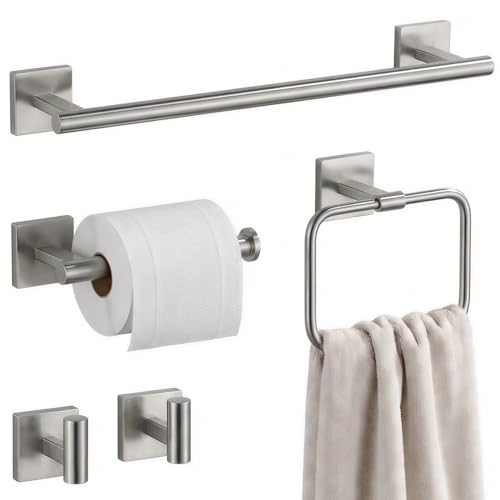 16 Brushed Nickel Bathroom Hardware Set 5-Piece, Fingerprint-Free SUS304 Stainless Steel Towel Bar for Small Bath & RV, Modern Square Bath Accessories Kit (Brushed Nickel)