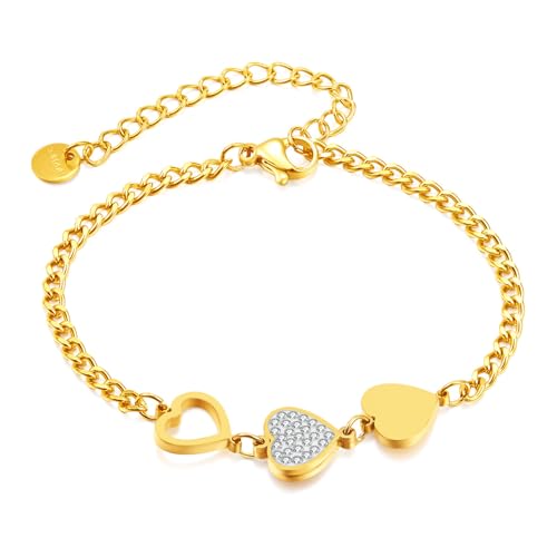 Fashion Stainless Steel Cubic Zirconia Hearts Charm Link Chain Bracelet