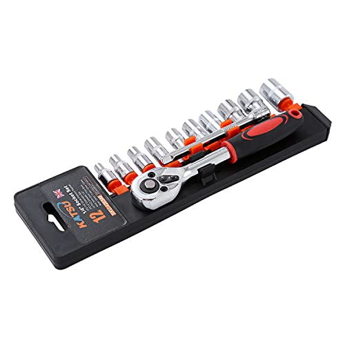 Image of KATSU 1 /4 Inch Socket Set 12Pcs, 4-13mm Metric Drive with 24-Teeth Quick-Released Ratchet Wrench and 4 inch Extension Bar, High Grade Chrome Vanadium Steel, Auto Repairing Garage Tool 420340