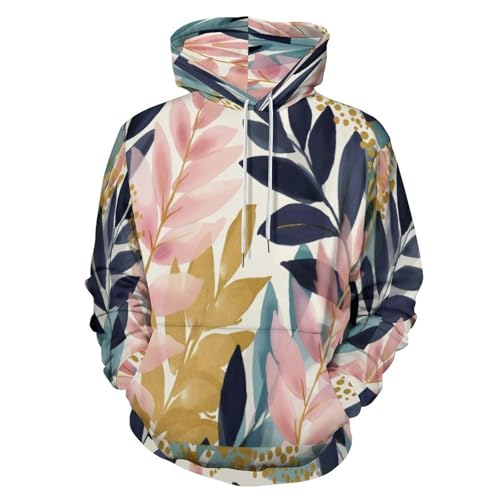 Sweat à capuche bleu pour homme avec imprimé 3D feuilles aquarelle