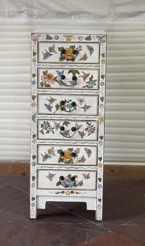 Kunibert Commode chinoise antique Tibet Buffet Asia avec 6 tiroirs Largeur 45 x Hauteur 115 cm Couleur : blanc avec or