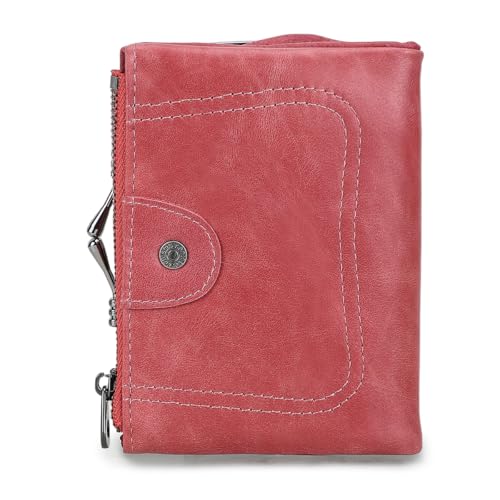CONTACTS Full Grain Leather Kiss Lock Wallet for Women Kiss Clasp Coin Purse Vintage Small Bifold Wallet with Rfid Blocking (Rose Pink)