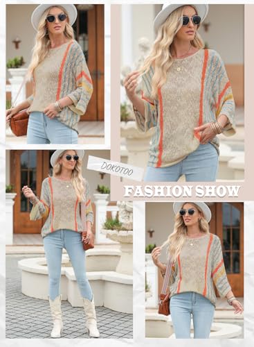 Image of Dokotoo Womens 2026 Spring Summer Casual Crewneck 3 /4 Sleeve Striped Lightweight Knit Trendy Boho Tops Pullover Sweaters