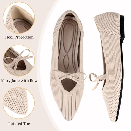 Image of TINGRISE Women's Pointed Toe Flats Comfortable Knit Ballet Shoes Washable Dressy with Bow Business Casual Work Shoes