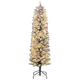 HOMCOM Sapin de Noël Artificiel 150 cm, Arbre de Noël Slim Lumineux floqué enneigé   Support en métal, lumière LED Blanc Chaud et 263 Branches   Effet réaliste, Vert