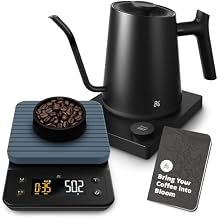Greater Goods Electric Gooseneck Kettle and Coffee Scale, Designed in St. Louis. Onyx Black/Stone Blue.