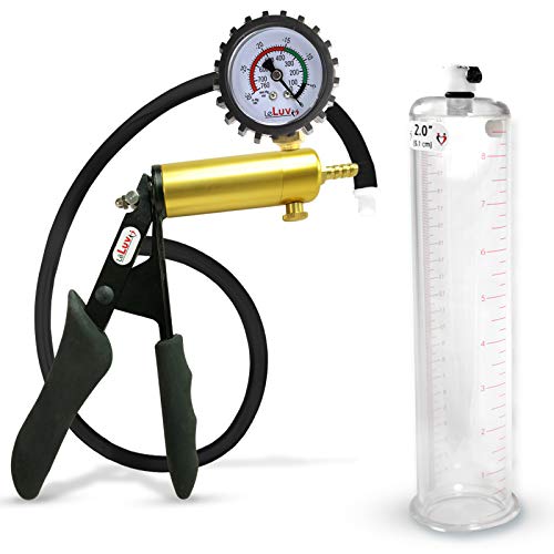 Leluv Ultima Black Premium Penis Pump Uncollapsable Hose & Ergonomic Silicone Grip + Gauge & Cover 9" Length 2.00" Diameter #TOP16