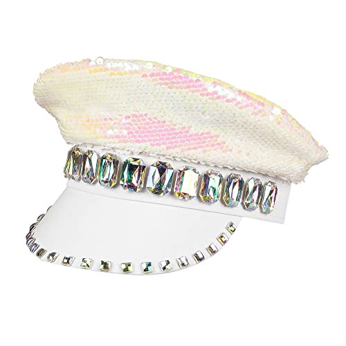 Boland 33021, Sandy Candy Hat, White/Silver, with Reversible Sequins and Gemstones, Rock Star, Punk Lady, Hat, Costume