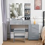 usikey 43.5in(L) Large Vanity Set, Vanity Desk with Mirror and 10 LED Lights, Makeup Vanity Table with Lights and 5 Drawers, Grey Vanity Table with Stool and Storage Shelves for Christmas Day, Grey