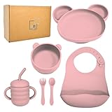 SET COMPLETO PER BAMBINO IN SILICONE: bavaglino con tasca inferiore a prova di perdite. Cattura facilmente il cibo che cade per evitare di sporcare il tavolo o il bambino. Ciotola a forma di orsetto con ventosa per un maggiore comfort, tazza con cannuccia antiaffogamento e coperchio antitraboccamento con manici con una capacità di 150 ml. Cucchiaio e forchetta in silicone per imparare a mangiare in modo facile e divertente.