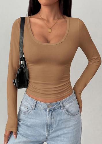 PRETTYGARDEN Womens Long Sleeve Tops 2026 Casual Scoop Neck Basic Tees Slim Fitted Tshirts Layer Knit Fall Outfits (Khaki,Large) — view 2