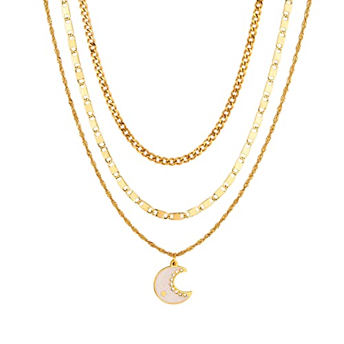 Dainty Layered Star Moon Necklaces For Women - 18K Gold Plated Choker Necklaces For Teen Girls Trendy Multilayer Herringbone Necklace Simple Cute Long Necklace Pendants Gifts For Women Girls #TOP27