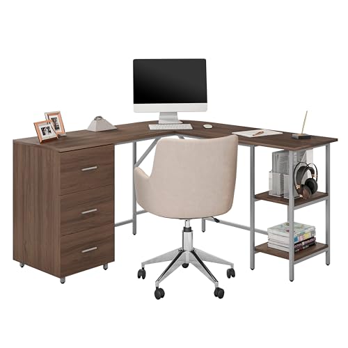 Techni Mobili L Shaped Desk - Two-Toned Computer Desk with Drawers & Storage Shelves - Simple Modern...