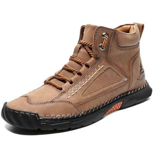 NXNBHSL Mens Orthopedic Comfortable Handmade Boots Casual Mid Top Walking Driving Shoes Waterproof Arch Support Spacious Toe Box Outdoor Leather Shoes (Brown,6)