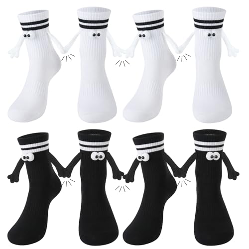 scenicamp 4 Pairs Magnetic Holding Hands Socks Novelty Striped Crew Socks Funny Hand in Hands Sock Gift for Teenagers, Couples, Friends, black,white
