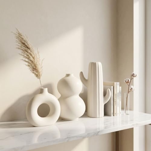 Image of Modern Ceramic Vase Set of 3 | Nordic Minimalist Donut & Abstract Design Decorative Flower Vases | Matte White Home Decor for Living Room, Table, Shelf & Office | Pampas & Dried Flower Vase