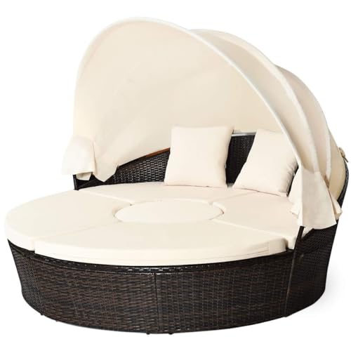 HAPPYGRILL Patio Round Daybed with Canopy, Outdoor Wicker Rattan Sectional Sofa with Coffee Table, Cushions, Patio Conversation Set for Lawn Garden Backyard Poolside