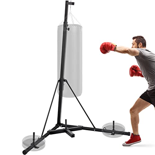 Happybuy Folding Boxing Heavy Bag Stand, Height Adjustable Sandbag Rack Portable 132LB Heavy Duty Punch Bag, Stand Free Standing in The Corner Punching Suspension Bracket for Home Fitness (Black+)