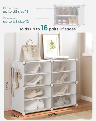 Image of CoolLeaf Shoe Rack Plastic, 8-Layer Shoes Rack for Home Plastic, Closed Shoe Rack with Door, Soft PP Sheet Shoe Stand Organiser 18 Pairs Sneakers /Heels /Slippers on Bedroom Entryway,White