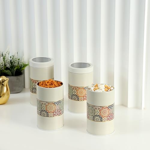 Image of Mandala Collection Airtight Kitchen Container Set| 850ML- Set of 4| Food Grade Metal Jars for Cookies, Rusk, Candies & Snack Storage | Vacuum Lid, Rust Resistant| Beige Rangoli Canisters