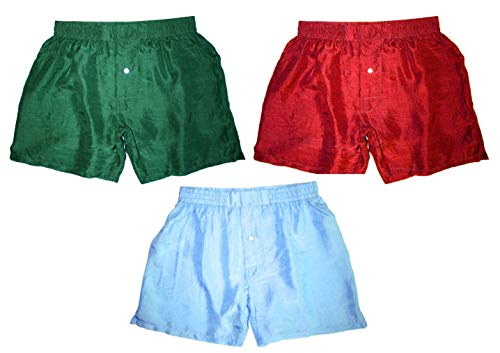100% Pure Silk Boxers - Set of Three - RED, GREEN, BLUE - Sizes S-3XL