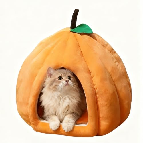 Petmarket Cat Bed for Indoor Cats - Adorable Cozy Pumpkin Cat Cave with Removable Cushion Super Soft Pet House Tent for Kittens & Small Pets Warm & Washable Non-Slip Design(S 15 inch Orange)