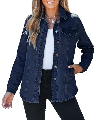 Image of Roskiky Denim Jackets Women Jackets For Women Uk Denim Jackets Denim Shacket Women Womens Long Coats Blue Jacket Women Dark Blue XL