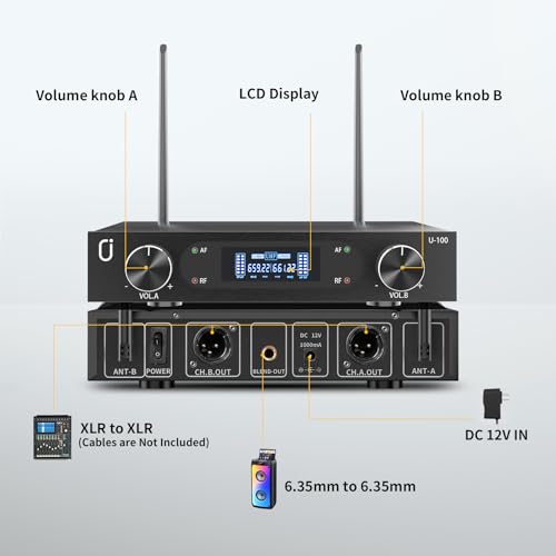 HWWR Wireless Microphones, Professional UHF XLR Microphones for Home Karaoke, Wireless Dynamic Microphone System Set for Speech, Wedding, Church, PA System