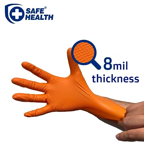 Safe Health Hd Industrial Nitrile Orange Disposable Gloves, Diamond Textured, 8 Mil, Box Of 100, Large, Latex Free, Powder Free, Oil Grease Resistant, Automotive, Mechanic, Maintenance, Plumbing #TOP1