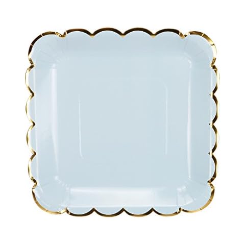 Geeklife Square Paper Plates with Sparkly Scalloped Gold Foil Border,9 inch Paper Dessert Plates, Light Blue Decorative Party Plates Set, 20 count Cover