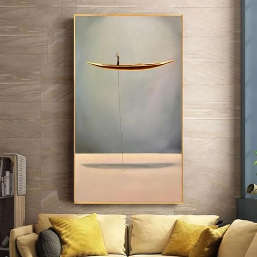 Tableau bateau doré abstrait œuvre d'art moderne haut de gamme sur toile canvas 60x105 cm