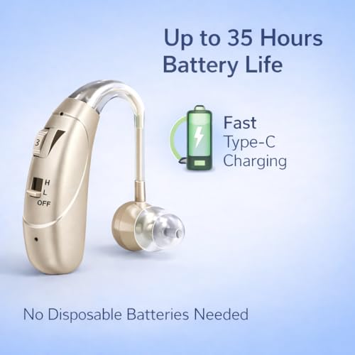 Image of Rechargeable Digital BTE Hearing Aid for Old Age with Type-C Charging for Severe to Profound Hearing Loss - Volume Control | Noise Reduction | Comfort Fit for Adults & Seniors (6 Month Warranty) (Rose Gold, For Single Ear)