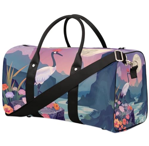 Travel Duffel Bag, Japan White Crane Sports Tote Gym Bag Foldable Western Aztec Weekender Bag Carry on Luggage Handle Bag Overnight Shoulder Bag for Women Men,A-076