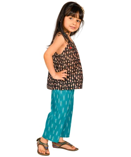 Image of Baby Girls Dresses Cotton Clothes Top Pant Set 1 To 4 Years Black Blue Birthday Party Outfit Children Fish Print Shoulder Tie Summer Wear